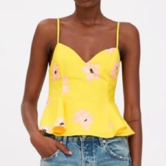 Zara Tops Zara Yellow Pink Floral Linen Blend Peplum Tank Top